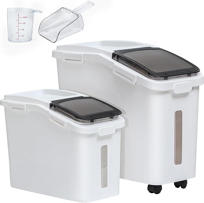 YITAHOME 65L/117lbs Large Ingredient Storage Bins, Commercial 11.4+5.8 Gal Rice Flour Storage Container, Organizer Storage Bin with Measuring Cup, Scoop and Wheels for Kitchen, White & Black Lid