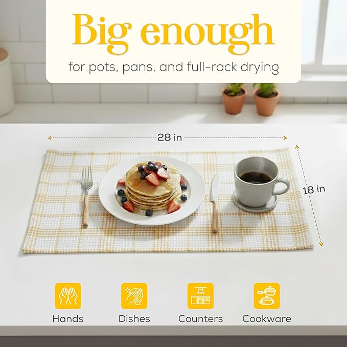 MosJos Kitchen Towels Set of 4 Dish Towels Yellow n White Waffle Weave Cotton Hand Towels, 18 x 28 Absorbent Kitchen Linens