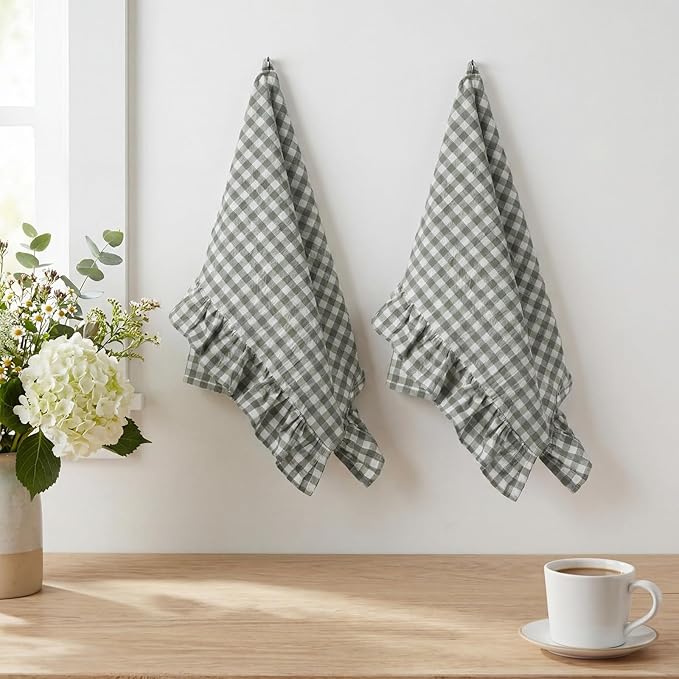 HunnmingRe Sage Green Kitchen Towels Set of 2, 100% Cotton Ruffled Gingham Dish Towels 18"x28" Absorbent Tea Cloths Classic Plaid Pattern for Farmhouse Charm, Drying Dishes, Entertaining Guests