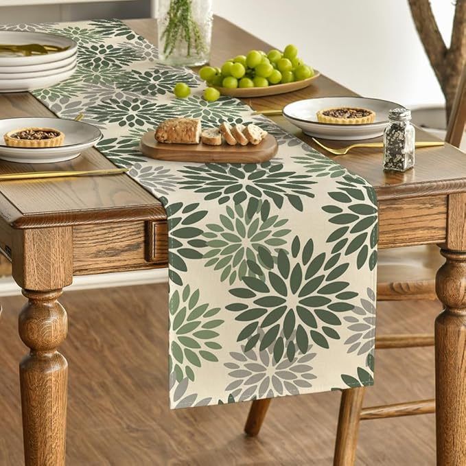 Artoid Mode Green Dahlia Aqua Floral Pinnata Flower Table Runner, Seasonal Holiday Kitchen Dining Table Decoration for Home Party Decor 13x72 Inch