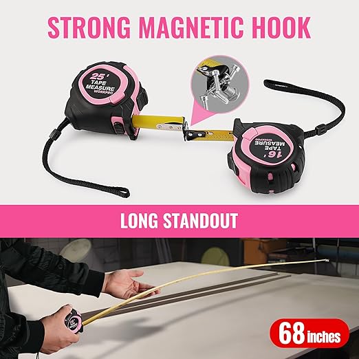 WORKPRO 16-FT Tape Measure with Fractions, 3 Brakes Retractable Measuring Tape, Compact Measurement Tape with Magnetic Hook, Nylon Coating Blade Accuracy 1/32”, Pink