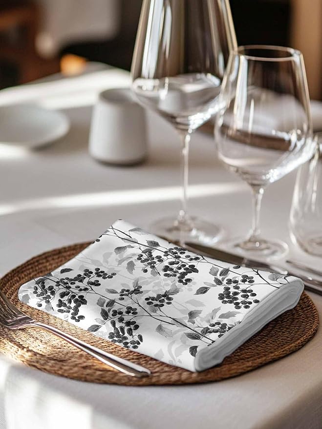 Black Grey Cloth Napkins Set of 6 - Washable Dinner Napkins Reusable Table Napkins for Home Party Weeding Dining Table Setting Decoration,Oversized 20"x20" Spring Modern Herb Wildflower Floral Plant