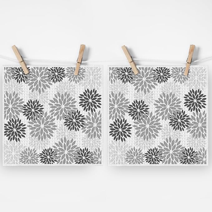 Artoid Mode Grey Dahlia Floral Kitchen Dish Cloths, 12x12 Inch Quick Dry Microfiber Dishcloths for Kitchen Premium Dish Rags Set of 2