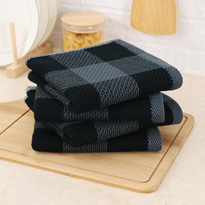 Mordimy 100% Cotton Waffle Weave Kitchen Towels, 13 x 28 Inches, Super Soft and Absorbent Buffalo Check Dish Towels for Drying Dishes, 6-Pack, Black & Grey