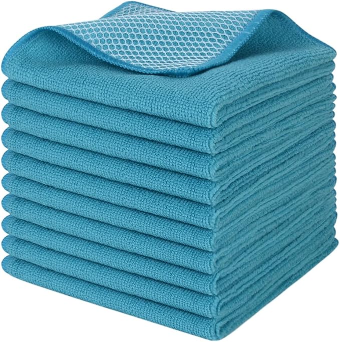 SINLAND Microfiber Dish Cloth for Washing Dishes Dish Washing Rags Best Kitchen Washcloth Cleaning Cloths Wash Cloths with Poly Scour Side 12Inchx12Inch 10 Pack Blue