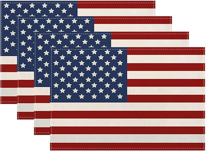 4th of July Patriotic Placemats 12x18 Inch Set of 4, American Flag Table Place Mat Independence Day Stars and Stripes Washable Table Mats Decorative Linen Fabric Table Mat for Dining Table