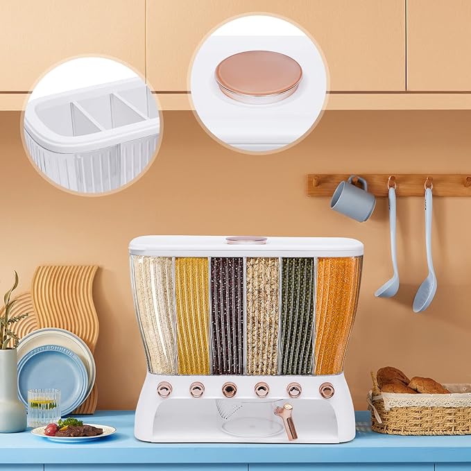 6 Grids Grain Dispenser Can, Cereal Rice & Grain Storage Container 6 Grid Beans Dispenser with Measuring Cup Wall mounted Dry Food Grain Dispenser for Grains Rice Dry Food Beans (White and Gold)