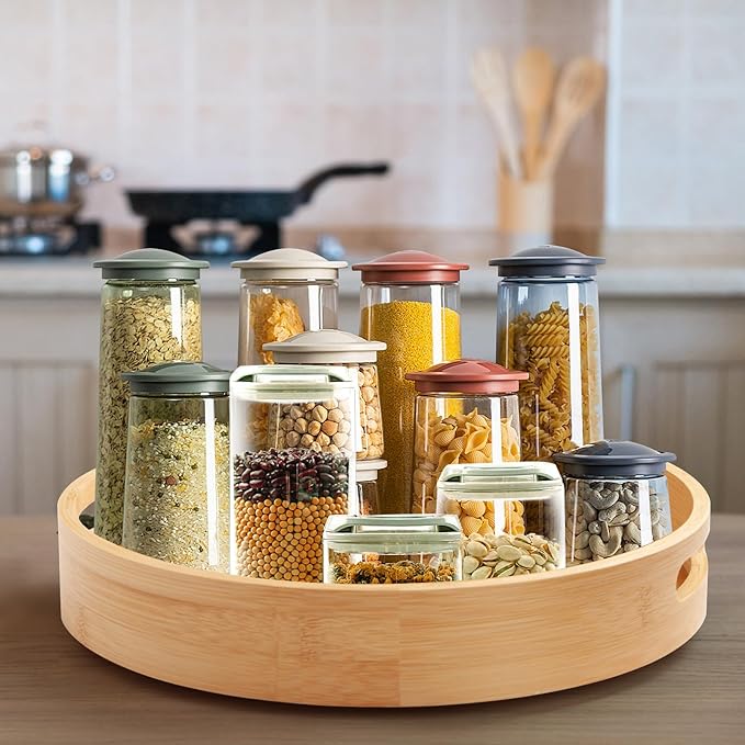12in Bamboo Lazy Susan Turntable Organizer - Tall Side Anti-Fall Spinning Storage for Kitchen,Pantry, Countertop & Cabinet | Rotating Round Spice, Seasoning & Condiment Tray
