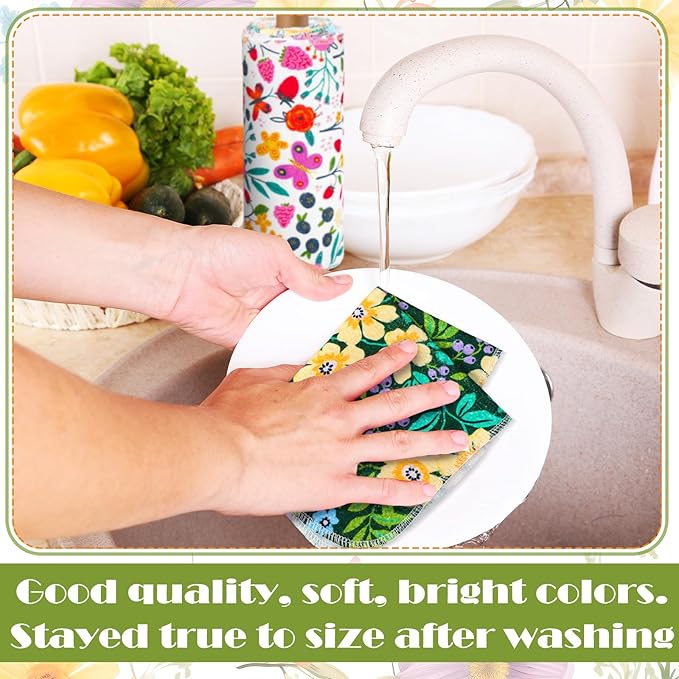 Redbaker 6 Pcs Reusable Paper Towels Rolls Kitchen Towels Bulk Washable Paperless Cloth Cotton Hand Napkins with Cardboard Reusable Napkins for Kitchen Bathroom (Flower Pattern)