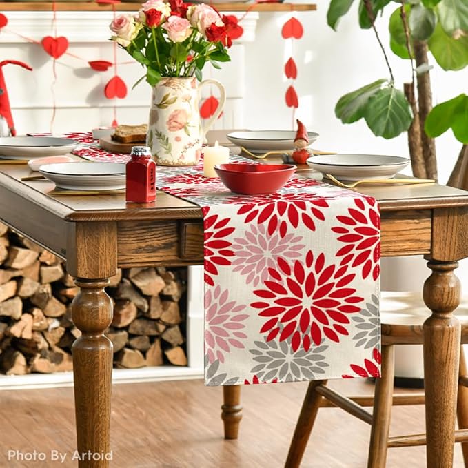 Artoid Mode Red Pink Dahlia Floral Pinnata Valentine Table Runner, Summer Kitchen Dining Table Decoration for Home Party Decor 13x72 Inch