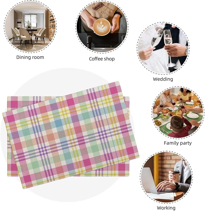Easter Checkered Placemats Set of 4 Spring Colorful Buffalo Plaid Decor Place Mats 12x18 Inch Gingham Holiday Linen Table Mats for Home Kitchen Dining Party Table Decoration