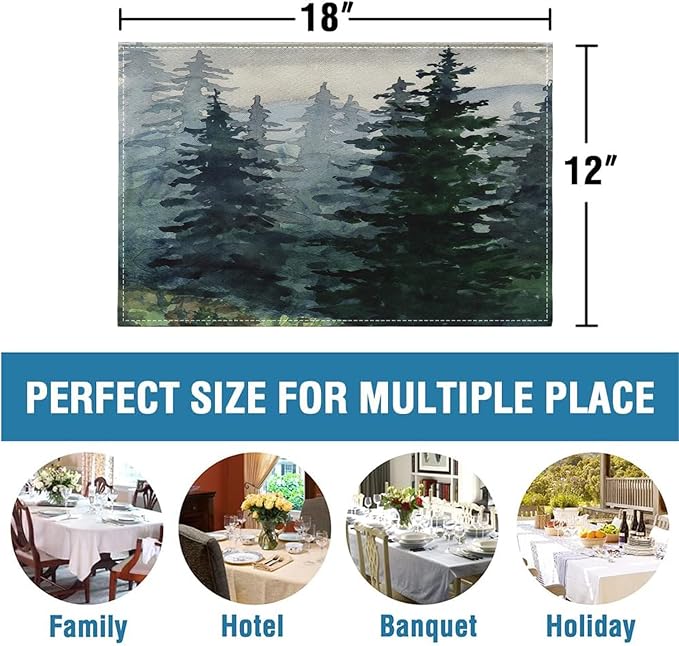 Ansouyi Placemats Set of 6, Green Watercolor Landscape Pine Forest Washable Heat Resistant Linen Table Mats, Kitchen Decor Non-Slip Place Mats for Party Dining, 12x18 Inch