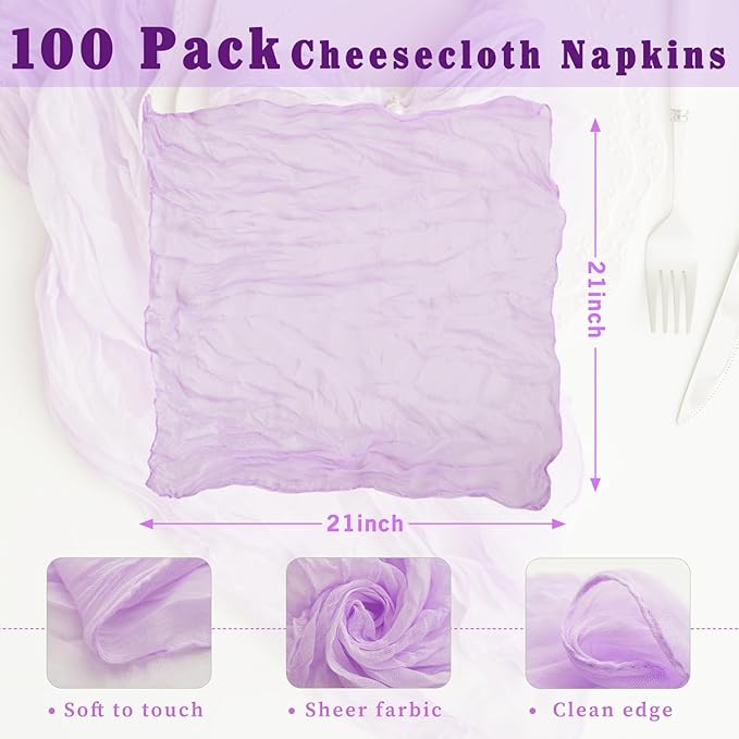 100 Pack Lilac Cloth Napkins 21x21 Inches Lilac Cheesecloth Napkins Set of 100 Washable Dinner Table Napkins for Wedding Bridal Baby Shower Rustic Boho Cotton Gauze Family Gathering Table Decor