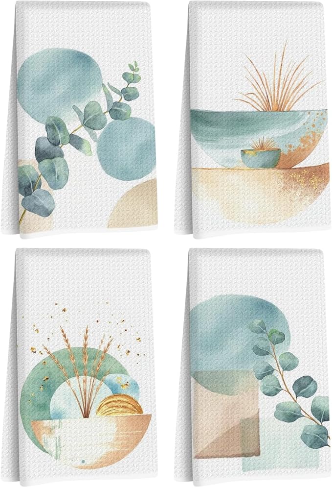 4 Pcs Boho Kitchen Towels, Home Decor Soft Absorbent Boho Hand Towel, Microfiber Dish Cloths for Drying Dishes, Waffle Dish Towels for Kitchen Bathroom, Housewarming Gifts for Women