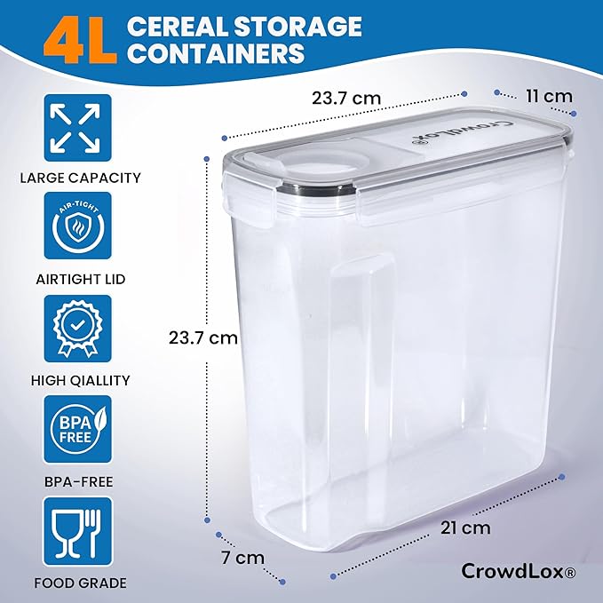 Cereal Storage Containers 4L Food Grade and BPA Free Sets with Lids Kitchen Storage & Organisation Food Containers Large Kitchen Organiser for Cornflakes (Single Unit)