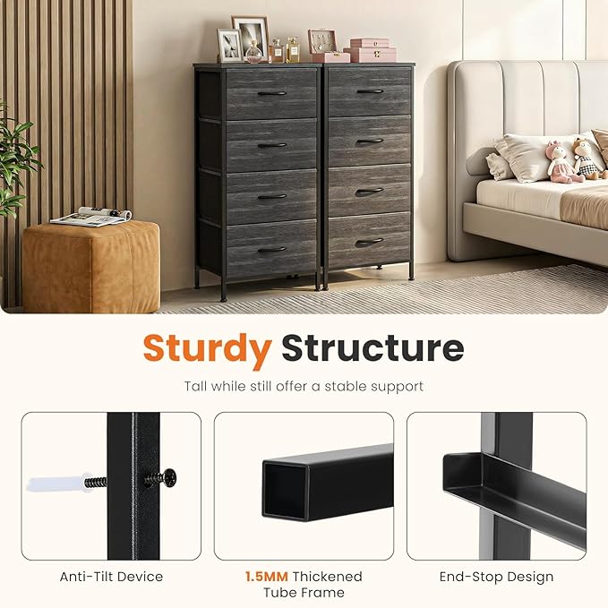 Sweetcrispy Nightstand Small Bedroom Dresser with 4 Fabric Drawers,Bed Side Furniture End Table,Wooden Top Cabinet Night Stand Dresser for Closet,Entryway,Dorm,Black Wood Grain