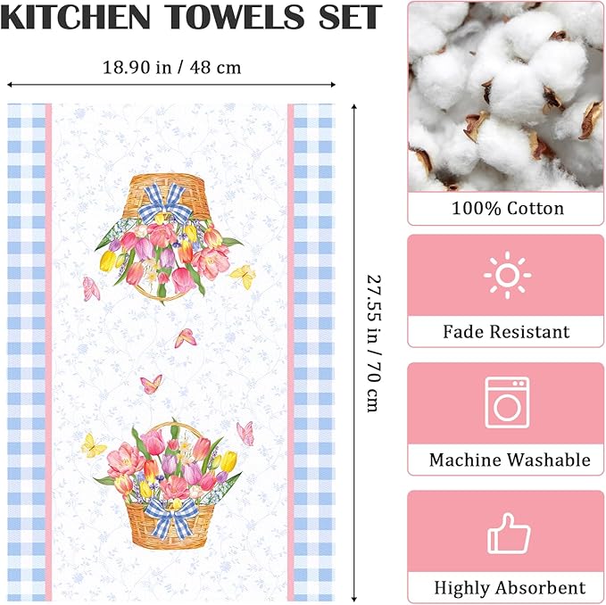 Tulip Spring Floral Tea Towels, Lavender Summer Cotton Kitchen Towel 18.9 × 27.5 inch, Quick Drying Dish Cloth for Party Anniversary Holiday Decoration, Housewarming Gifts for Mom
