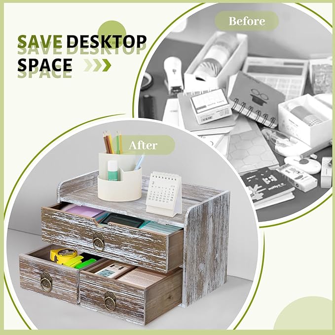 Wood Desk Organizer with Drawer, Washed Brown Wooden Desktop Organizer, Tabletop Storage Organization Box for Countertop, Home Office Supplies (3 Drawer and Shelf)