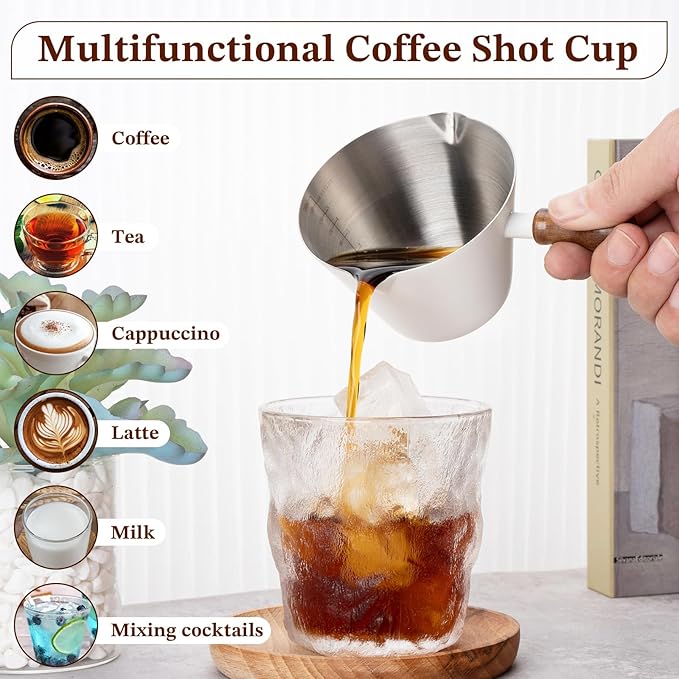Amrules Espresso Cup, 6.8 oz/200 ml Stainless Steel Coffee Shot Measuring Cup with Wood Handle, Double V-Shaped Mouth and Clear Scale for Cappuccino Barista Coffee Bar Accessories, White