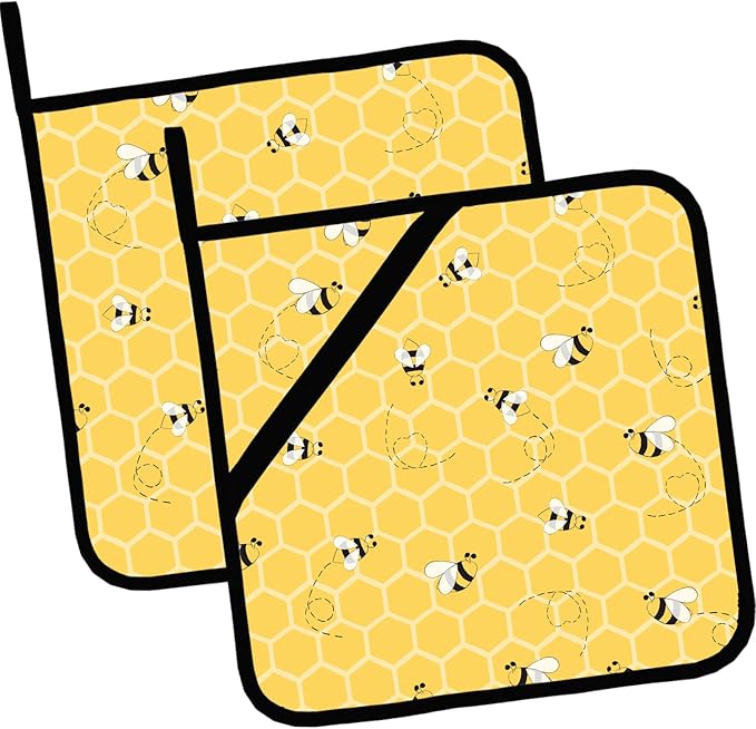 Cute Bee Honeycomb Pot Holders Set of 2,Kitchen Heat Resistant Potholders for Microwave Cooking Baking Oven and BBQ Gifts for Women