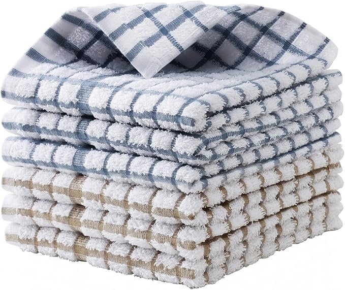 Egles 6 Packs Kitchen Dishcloths 100% Cotton Grid Terry Dish Cloths 12.5" x 12.5" Ultra Soft Super Absorbent Dishrag Reusable Dishcloth Multi-Purpose Quick Drying Hand Dish Towel Set with Hanging Loop