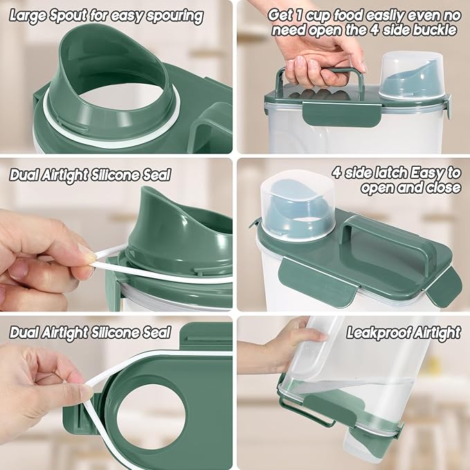 LEAWALK 5-7Lbs Dog Cat Food Storage Container with Upgraded Large Nozzle BPA-free, 4 Snap Seals Plastic Pet Food Storage Containers with Handles (Green+Dark Green, 5L-2pack)