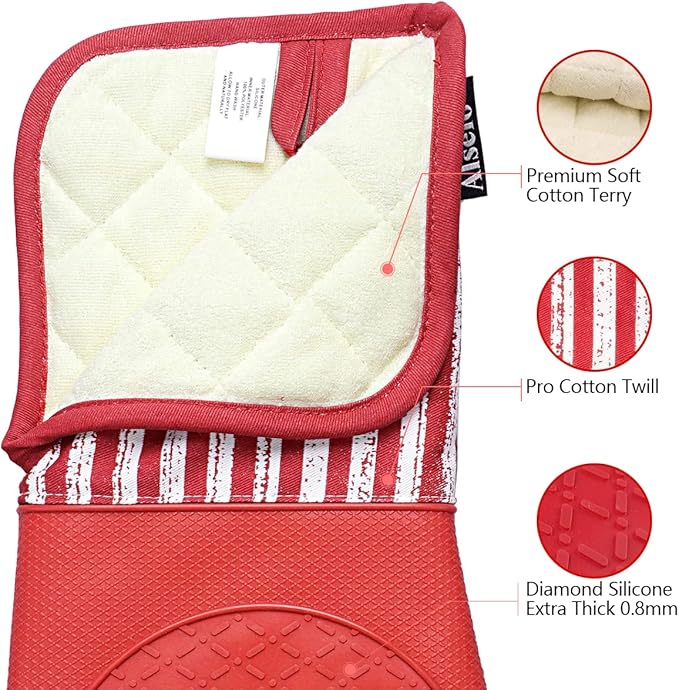 Alselo Silicone Oven Mitts Heat Resistant 932℉ with Waterproof & Non-Slip Kitchen Mittens, Set of 2 Extra Long Oven Gloves with Soft Cotton Terry Lining for Baking Cooking Barbecue (2, Red Mitts)