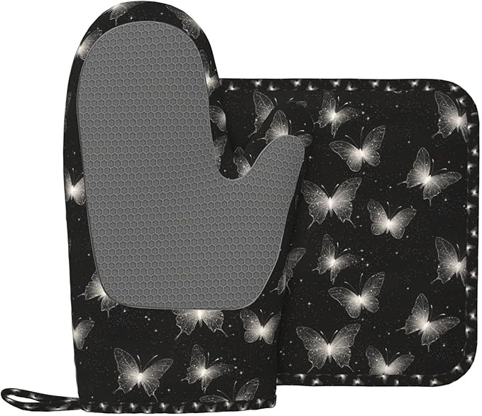 Oven Mitts and Pot Holders Black White Butterfly Silicone Kitchen Accessories Set of 2 Heat Resistant Long Gloves Potholder Non-Slip Grip for Chef Cooking,Baking,Grilling,BBQ
