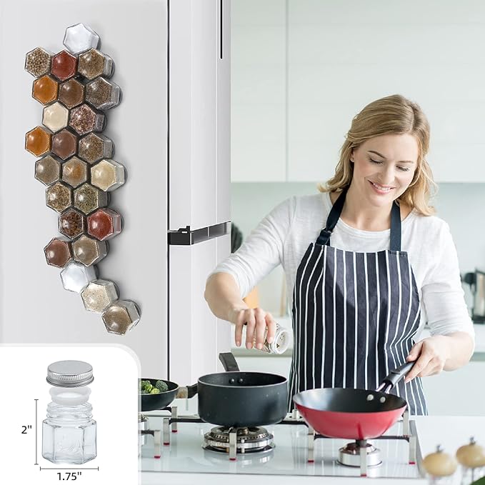 Homazing Set of 24 Hexagon Glass Spice Jars with Shaker Lids and Labels for Refrigerator, Kitchen, RV Travel Trailer Magnetic Containers