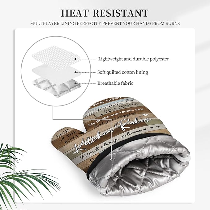 Kitchen Rules Oven Mitts and Pot Holders 3PCS, Funny Kitchen Rules Oven Mitts Farmhouse Silicone Non-Slip Gloves, Heat Resistant Gloves with Hanging Loop for Cooking Baking Grilling