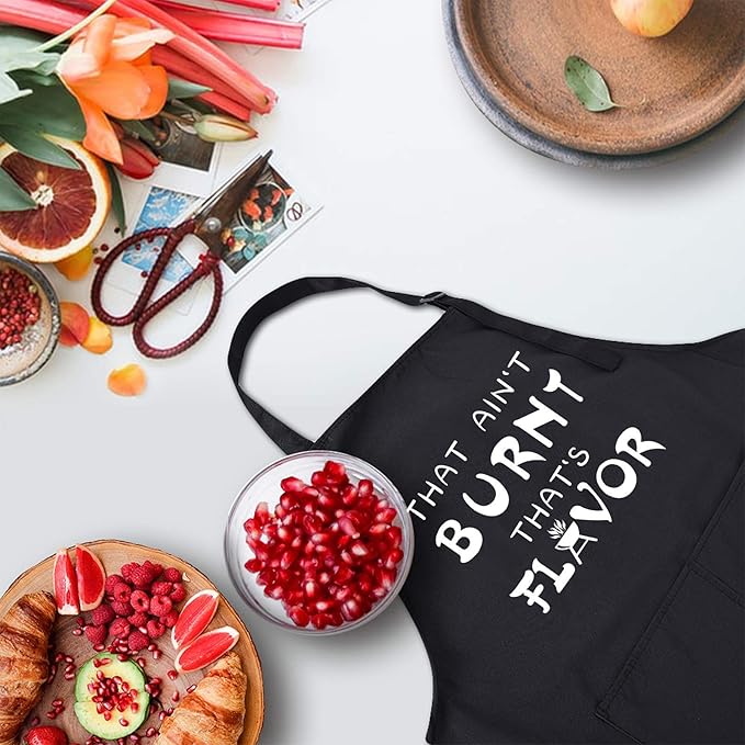 Rosoz Funny BBQ Black Chef Aprons for Men, That Ain't Burnt That's Flavor, Adjustable Kitchen Cooking Aprons with Pocket Waterproof Oil Proof Valentine's Day/Birthday