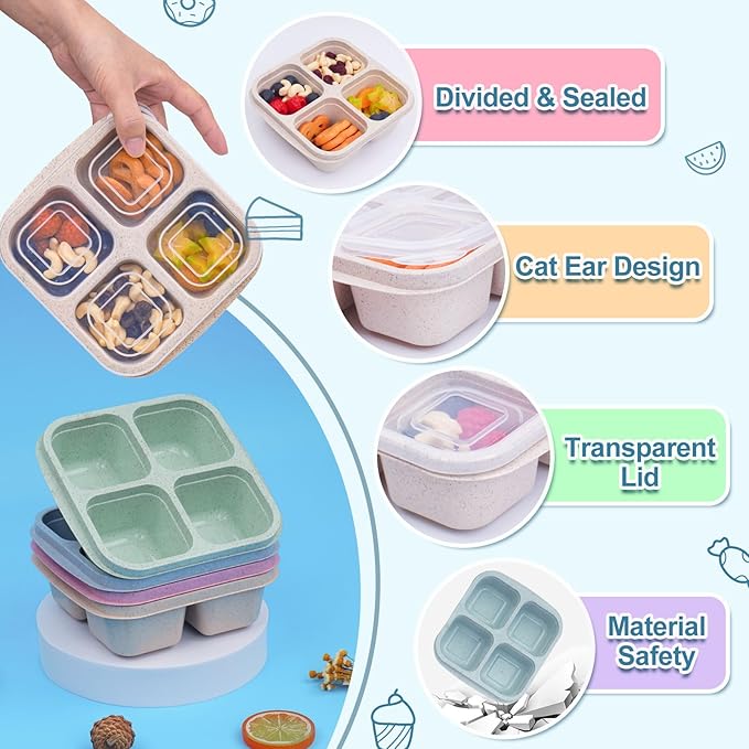 LCHLZZ 4 Pack Snack Containers, 4 Compartment Snackle Box Container, Reusable Meal Prep Lunchable Container, Microwave Dishwasher Safe, Divided Food Storage Containers for Work Travel (Pink)