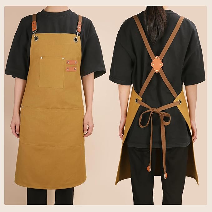Chef Aprons for Men Women with Large Pockets, Cotton Canvas Water Repellent Kitchen Apron for Cooking