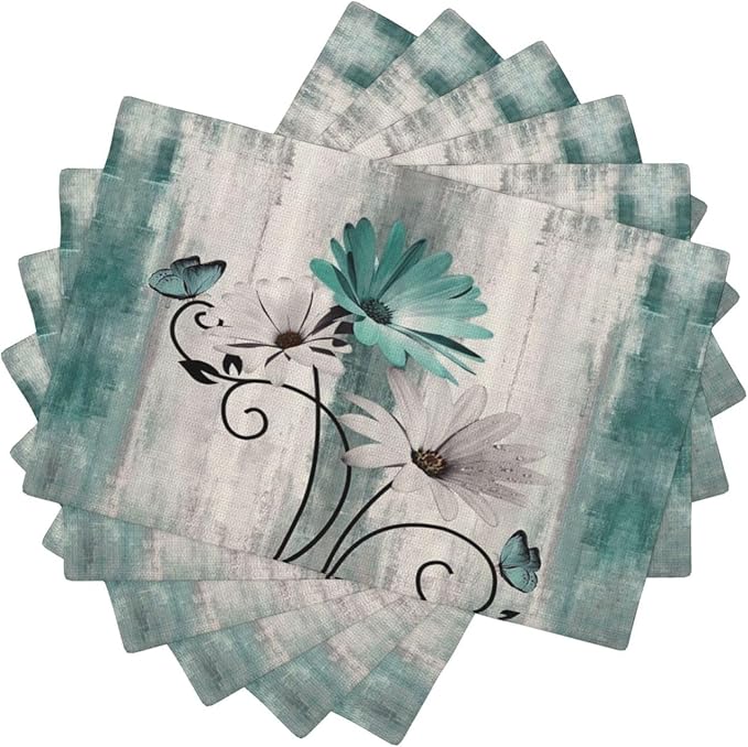 Floral Place mats Set of 6, 12x18 Inches Summer Teal Blue Daisy Flower Decorative Rectangle Table Mats for Party Home Kitchen Dining Table Decoration