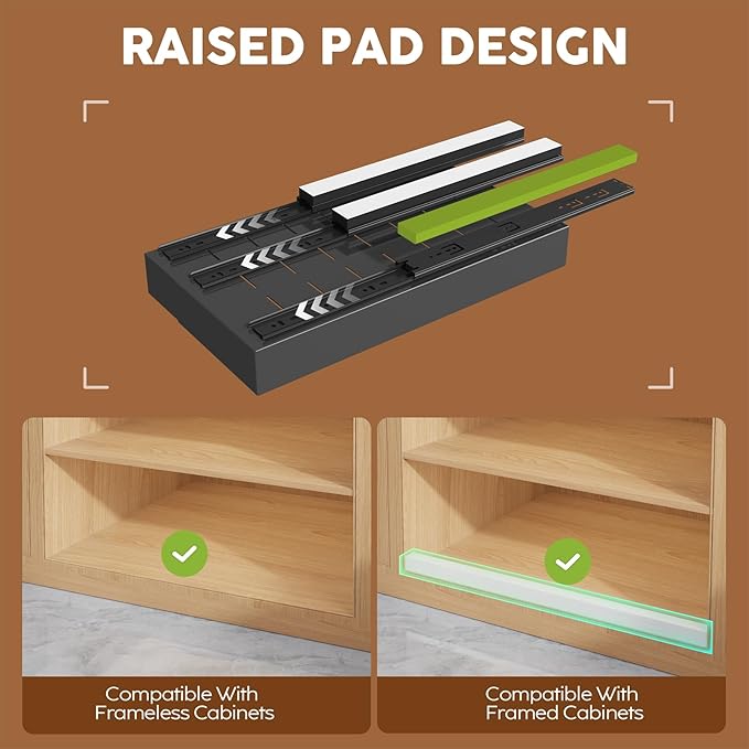 Seinloes 4 Pack Expandable (9"-14") Pull Out Cabinet Organizer 21" Deep With Raising Pad for Framed Cabinets,Upgrade 3 Slide Rails Slide Out Drawers,No Drill Roll Out Shelves Adhesive,Black