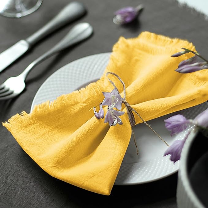 Handmade Cloth Napkins 100% Cotton Napkins with Fringe，Delicate Handmade Cloth Napkins for Dinners, Parties, Weddings and More，(18 x 18 Inch Set of 6) - Yellow