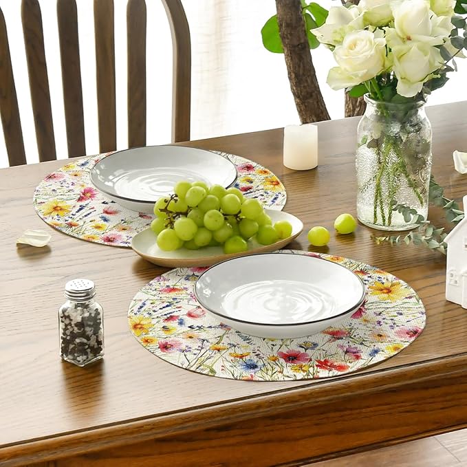 Artoid Mode Daisy Lavender Floral Leaves Spring Round Placemats Set of 4,14 Inch Seasonal Spring Table Mats for Party Kitchen Dining Decoration