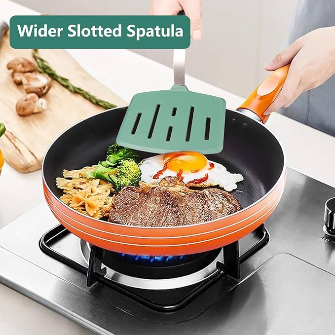 2 Pack Silicone Large Pancake Spatula Turner for Nonstick Cookware, Extra Wide Spatula for Cooking, Flexible Fish Turner, Slotted Spatulas for Eggs Omelette Flipping, Dishwasher Safe (2 Pack Green)