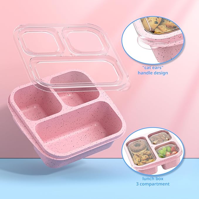 Snack Boxes (3 Pack) - Stackable Bento Boxes with 3 Compartments, Meal Prep Containers Reusable, Lightweight Lunch Containers for Kids and Adults, BPA Free (Pink)