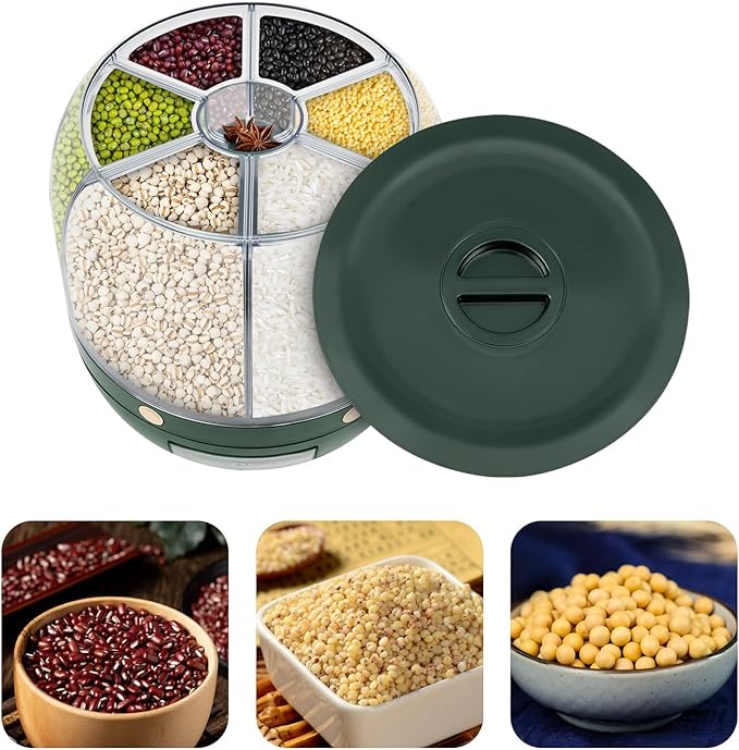 360° Rotating Grain Dispenser With 6 Grids, 13.2lbs Large Capacity Grain Dispenser Rotating Kitchen Storage Containers With Sealed Lid For Peanut Barley Millet And Cereal (Green, 13.2 lbs)