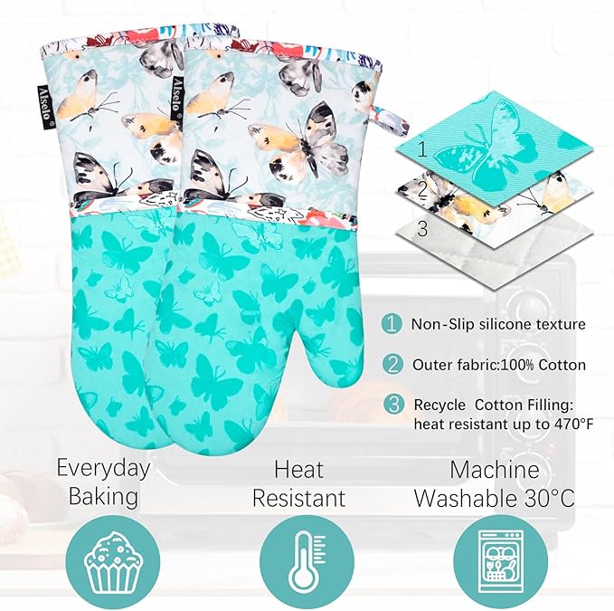Alselo Oven Mitts, Heat Resistant with Soft Quilted Cotton Lining Set of 2, Fashion Design with Silicone Printing Anti-Slip Kitchen Gloves, Safe Backing Cooking Barbecue (Turquoise, Butterfly)
