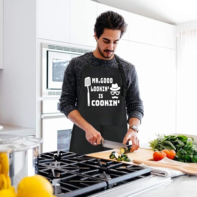 ZOORON Funny Cooking Chef Apron with Pockets BBQ Kitchen Work Aprons Birthday Father’s Day Grilling Gifts for Dad, Husband