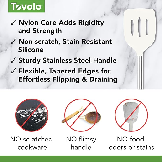 Tovolo Slotted Silicone Spatula Turner Slotted Stainless Steel Handle 10" White Heat Resistant Non Toxic BPA Free Kitchen Utensil, Scratch Resistant Silicone Pancake Flipper Metal Handle for Cooking
