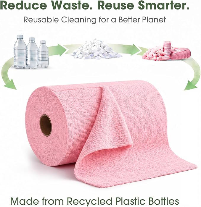 Microfiber Cleaning Cloth Roll - 100 Pack Tear Away Microfiber Paper Towels, Reusable, Washable, Scratch-Free, Kitchen Towels for Car, Home, Kitchen, Glass, Dishes(Pink)