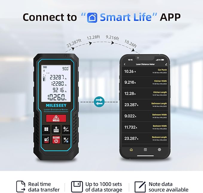 MILESEEY Laser Measurement Tool, 229Ft Laser Measure with Digital Angle Level, Laser Tape Measure with Phone App, Record Data and Make Your own Sketch Support Hand-Drawn Plan/Draw on Picture