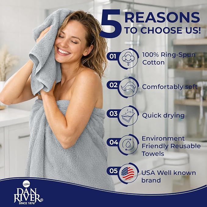 DAN RIVER 8 PC Luxury Bath Towels for Bathroom, 2 Bath, 2 Hand, and 4 Wash Cloths, 600 GSM 100% Ring Spun Cotton Towel Set, Highly Absorbent, Gym, Hotel, and Spa, Silver