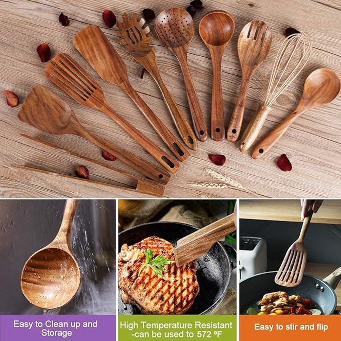 10 Pack Wooden Utensils for Cooking, Wood Utensil Set for Kitchen, Teak Wooden Spoon for Cooking, Non-Stick Spatula Ladle