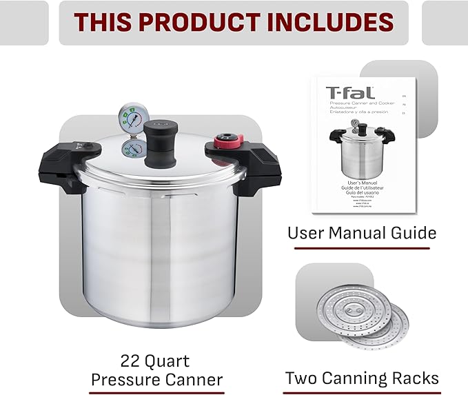 T-fal 22-Quart Aluminum Pressure Canner, 3 PSI Settings, Home Canning, Includes Racks & Canning Guide, Large Capacity, Pressure & Water Bath Canning for Vegetables, Meats, Seafood & Fruits, Silver