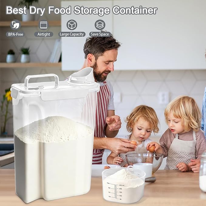 Komzon Rice Storage Containers, Airtight Cereal Containers Storage, with Pouring Spout Portable Handle for Flour, Pasta, Grain and Baking, Pet Dog Cat Bird Food Container 20lb White