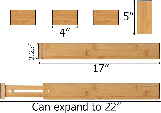 Basicwise Expandable & Adjustable Drawer Organizer with 4 Dividers & 4 Inserts Storage Solution for Home Office Dresser Desk Kitchen Bedroom Closet Separator for Socks Cutlery Clothes and Accessories
